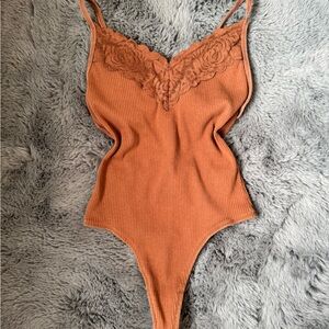 Tan Brown Lace Trim Bodysuit